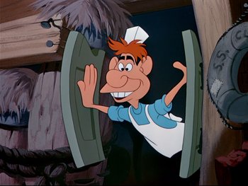 Movie still from “Alice in Wonderland” (1951), directed by Wilfred Jackson – An animated character is peeking out of a window; Medium shot, Low angle