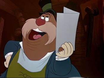 Movie still from “Alice in Wonderland” (1951), directed by Wilfred Jackson – A cartoon character holding a piece of paper; Close Up shot, Low angle