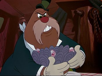 Movie still from “Alice in Wonderland” (1951), directed by Wilfred Jackson – A character holding a bunch of food; Close Up shot, Over the shoulder angle