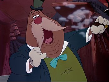 Movie still from “Alice in Wonderland” (1951), directed by Wilfred Jackson – A man with a beard wearing a top hat and a green suit; Close Up shot, Low angle