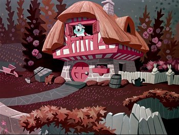 Movie still from “Alice in Wonderland” (1951), directed by Wilfred Jackson – A painting of a house in the woods with a cat sitting in the window; Extreme Wide shot, High angle