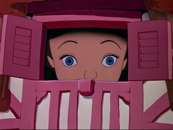 Movie still from “Alice in Wonderland” (1951), directed by Wilfred Jackson – A girl with blue eyes peeks out of a window; Close Up shot, Low angle