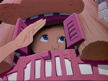 Movie still from “Alice in Wonderland” (1951), directed by Wilfred Jackson – An animated picture of a girl in a pink crib; Medium shot, Low angle