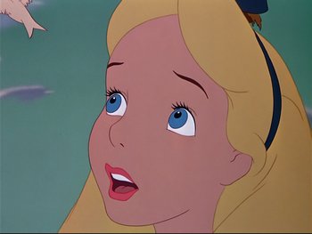 Movie still from “Alice in Wonderland” (1951), directed by Wilfred Jackson – The face of a cartoon character; Close Up shot, Low angle