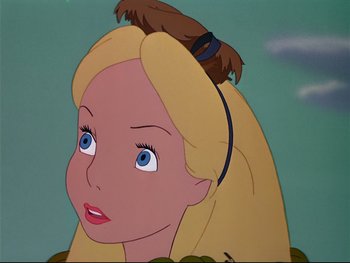 Movie still from “Alice in Wonderland” (1951), directed by Wilfred Jackson – A girl's face in a cartoon style; Close Up shot, High angle