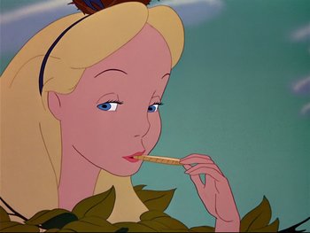 Movie still from “Alice in Wonderland” (1951), directed by Wilfred Jackson – A woman with blonde long hair is holding a pencil in her mouth; Close Up shot, Over the shoulder angle