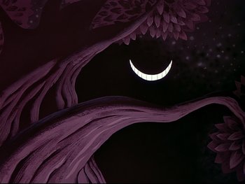 Movie still from “Alice in Wonderland” (1951), directed by Wilfred Jackson – A painting of a crescent moon in the night sky; Extreme Wide shot, Low angle