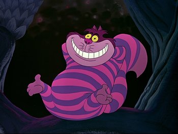 Movie still from “Alice in Wonderland” (1951), directed by Wilfred Jackson – The cheshire cat character from alice through the looking - glass; Medium shot, High angle