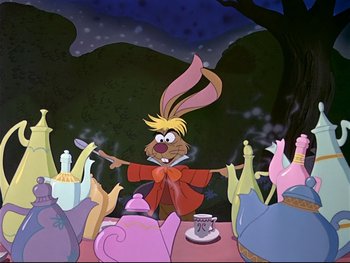 Movie still from “Alice in Wonderland” (1951), directed by Wilfred Jackson – A cartoon of a rabbit in front of a group of people; Medium shot, Over the shoulder angle