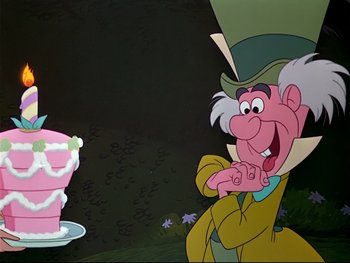 Movie still from “Alice in Wonderland” (1951), directed by Wilfred Jackson – A character from the disney movie , the mad hatter; Medium shot, Over the shoulder angle