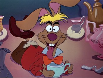 Movie still from “Alice in Wonderland” (1951), directed by Wilfred Jackson – A cartoon of a rabbit holding a coffee cup; Medium shot, High angle