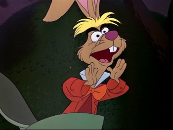 Movie still from “Alice in Wonderland” (1951), directed by Wilfred Jackson – A cartoon character with his mouth open; Close Up shot, Over the shoulder angle
