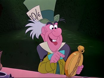 Movie still from “Alice in Wonderland” (1951), directed by Wilfred Jackson – The mad hatter is holding a pocket watch in his hand; Medium shot, Over the shoulder angle
