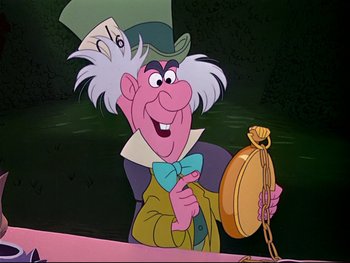Movie still from “Alice in Wonderland” (1951), directed by Wilfred Jackson – The mad hatter is holding a pocket watch in his hand; Medium shot, Over the shoulder angle