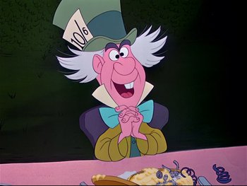 Movie still from “Alice in Wonderland” (1951), directed by Wilfred Jackson – The mad hatter from alice through the looking glass; Medium shot, Over the shoulder angle