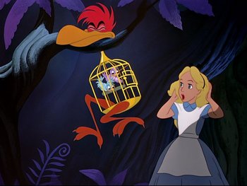 Movie still from “Alice in Wonderland” (1951), directed by Wilfred Jackson – A cartoon scene of a girl looking at a bird in a cage; Medium shot, Low angle