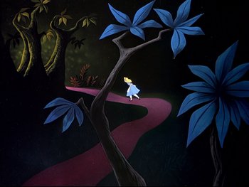 Movie still from “Alice in Wonderland” (1951), directed by Wilfred Jackson – A painting of a little girl walking down a winding path; Extreme Wide shot, High angle