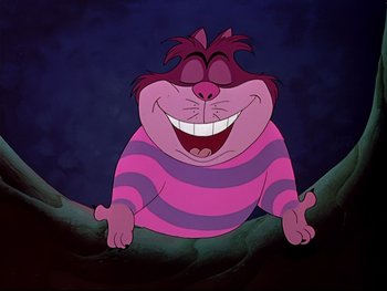 Movie still from “Alice in Wonderland” (1951), directed by Wilfred Jackson – A character from alice in wonderland smiling; Close Up shot, High angle