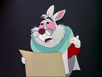 Movie still from “Alice in Wonderland” (1951), directed by Wilfred Jackson – A cartoon of a rabbit holding a sign; Medium shot, Low angle