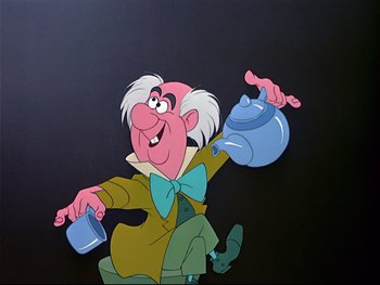 Movie still from “Alice in Wonderland” (1951), directed by Wilfred Jackson – An old man holding a pot and a glass of water; Medium shot, Low angle
