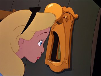 Movie still from “Alice in Wonderland” (1951), directed by Wilfred Jackson – A cartoon of a girl looking into a door; Close Up shot, High angle