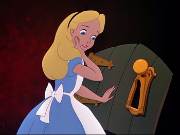 Movie still from “Alice in Wonderland” (1951), directed by Wilfred Jackson – A cartoon of a woman in a blue dress; Medium shot, High angle
