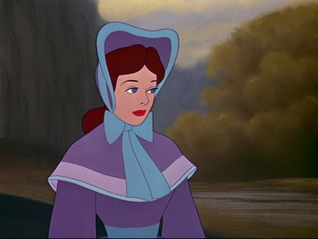 Movie still from “Alice in Wonderland” (1951), directed by Wilfred Jackson – A woman in a purple dress and a blue hat; Close Up shot, Over the shoulder angle