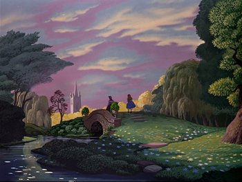 Movie still from “Alice in Wonderland” (1951), directed by Wilfred Jackson – A painting of a landscape with a bridge and trees; Extreme Wide shot, High angle