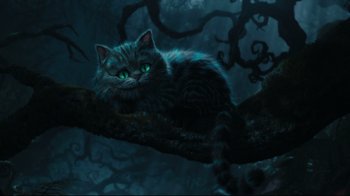 Movie still from “Alice in Wonderland” (2010), directed by Tim Burton – A cat sitting on top of a tree branch in the dark; Wide shot, High angle