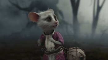 Movie still from “Alice in Wonderland” (2010), directed by Tim Burton – A white mouse with brown eyes wearing a pink dress; Close Up shot, High angle