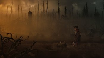 Movie still from “Alice in Wonderland” (2010), directed by Tim Burton – An image of a creepy scene with a dead man in the background; Extreme Wide shot, High angle