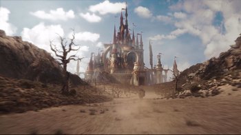 Movie still from “Alice in Wonderland” (2010), directed by Tim Burton – An image of a castle in the middle of a desert; Extreme Wide shot, Low angle