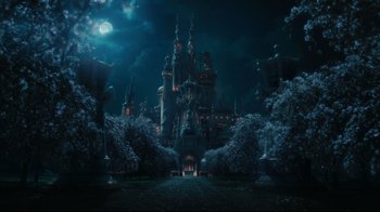 Movie still from “Alice in Wonderland” (2010), directed by Tim Burton – An image of a castle in the middle of the night; Extreme Wide shot, High angle