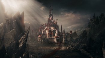 Movie still from “Alice in Wonderland” (2010), directed by Tim Burton – A castle with a lot of red and white structures; Extreme Wide shot, High angle