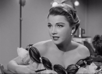 Movie still from “All About Eve” (1950), directed by Joseph L. Mankiewicz – A black - and - white photo of a woman in a dress; Close Up shot, Low angle