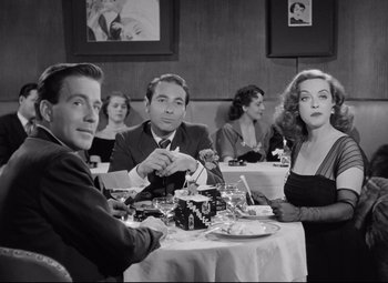 Movie still from “All About Eve” (1950), directed by Joseph L. Mankiewicz – A group of people sitting at a table in a restaurant; Medium shot, High angle