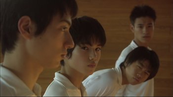 Movie still from “All About Lily Chou-Chou” (2001), directed by Shunji Iwai – A group of young people standing next to each other; Close Up shot, Low angle