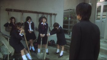 Movie still from “All About Lily Chou-Chou” (2001), directed by Shunji Iwai – A group of young people in school uniforms; Wide shot, Low angle