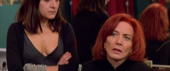 Movie still from “All About My Mother” (1999), directed by Pedro Almodóvar – A woman with red hair is sitting next to another woman; Close Up shot, Over the shoulder angle