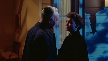 Movie still from “All That Heaven Allows” (1955), directed by Douglas Sirk – A man and a woman standing next to each other; Medium shot, Over the shoulder angle