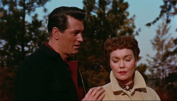 Movie still from “All That Heaven Allows” (1955), directed by Douglas Sirk – A man and a woman standing next to each other; Medium shot, Low angle