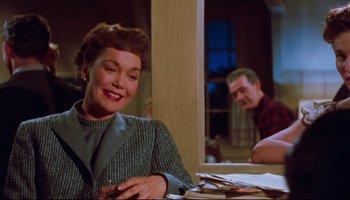 Movie still from “All That Heaven Allows” (1955), directed by Douglas Sirk – An older woman sitting in front of a mirror; Medium shot, Over the shoulder angle