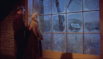 Movie still from “All That Heaven Allows” (1955), directed by Douglas Sirk – Two people standing in front of a large window; Wide shot, Over the shoulder angle