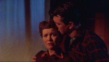 Movie still from “All That Heaven Allows” (1955), directed by Douglas Sirk – A man and a woman embracing each other in front of a window; Close Up shot, Low angle