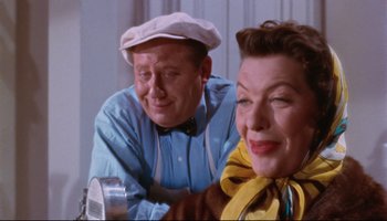 Movie still from “All That Heaven Allows” (1955), directed by Douglas Sirk – An older man and a younger woman sitting next to each other; Close Up shot, Over the shoulder angle