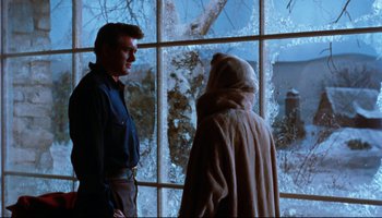 Movie still from “All That Heaven Allows” (1955), directed by Douglas Sirk – A man and a woman standing in front of a window; Medium shot, Over the shoulder angle