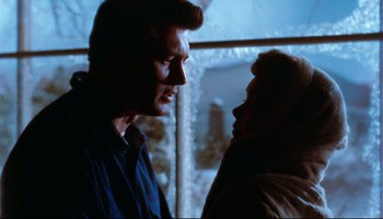 Movie still from “All That Heaven Allows” (1955), directed by Douglas Sirk – A man and a woman standing next to each other in front of a window; Close Up shot, Low angle