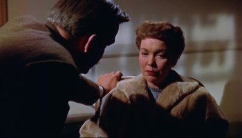 Movie still from “All That Heaven Allows” (1955), directed by Douglas Sirk – An older woman in a fur coat looking at a younger man; Close Up shot, Over the shoulder angle