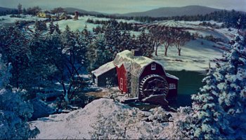 Movie still from “All That Heaven Allows” (1955), directed by Douglas Sirk – A red barn sitting on top of a snow covered hill; Extreme Wide shot, High angle