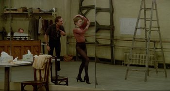 Movie still from “All That Jazz” (1979), directed by Bob Fosse – A man and a woman in black tights dancing in front of a mirror; Wide shot, Over the shoulder angle
